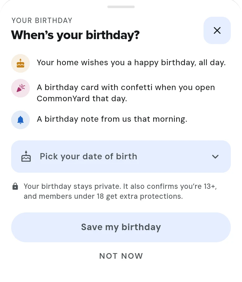 A sheet titled “When’s your birthday?” listing what the day brings, a date of birth field, and Save my birthday
