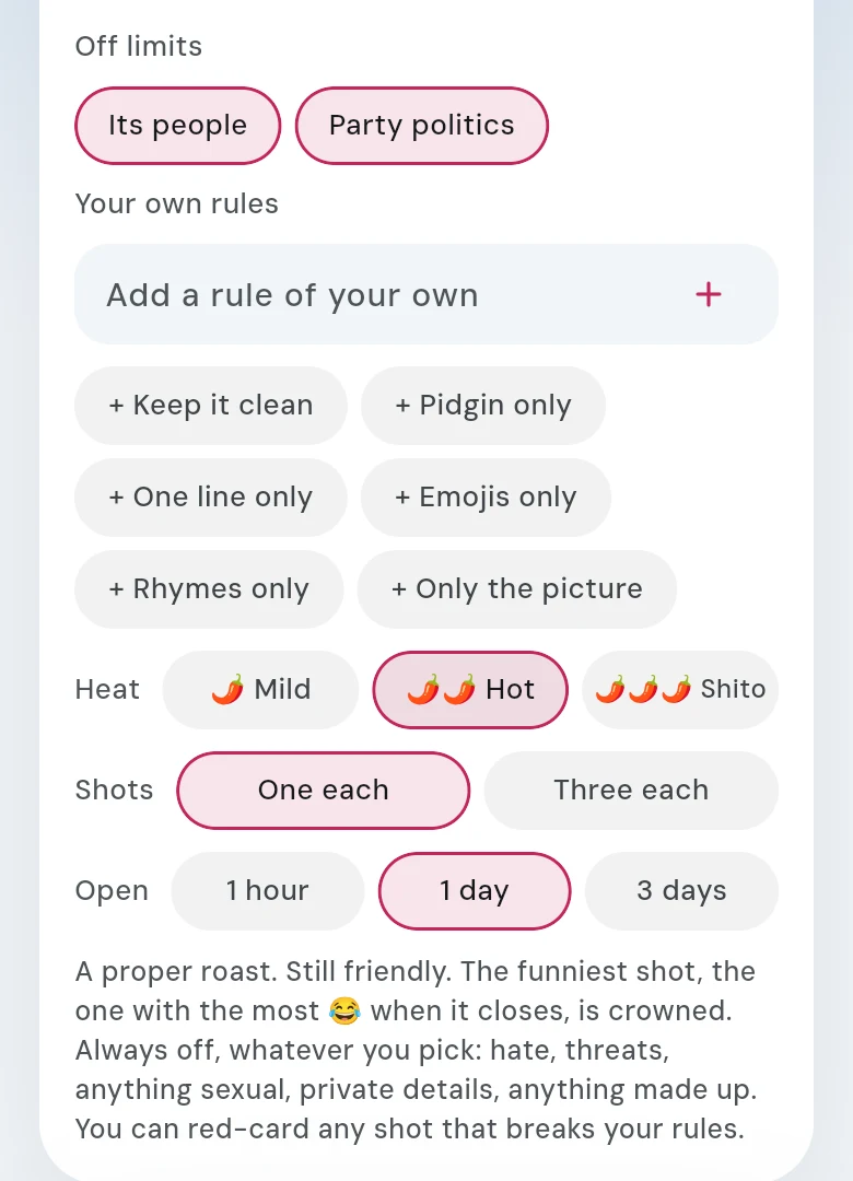 The troll’s rules on the post screen: off limits, ideas for your own rules, the heat, the shots and how long it stays open