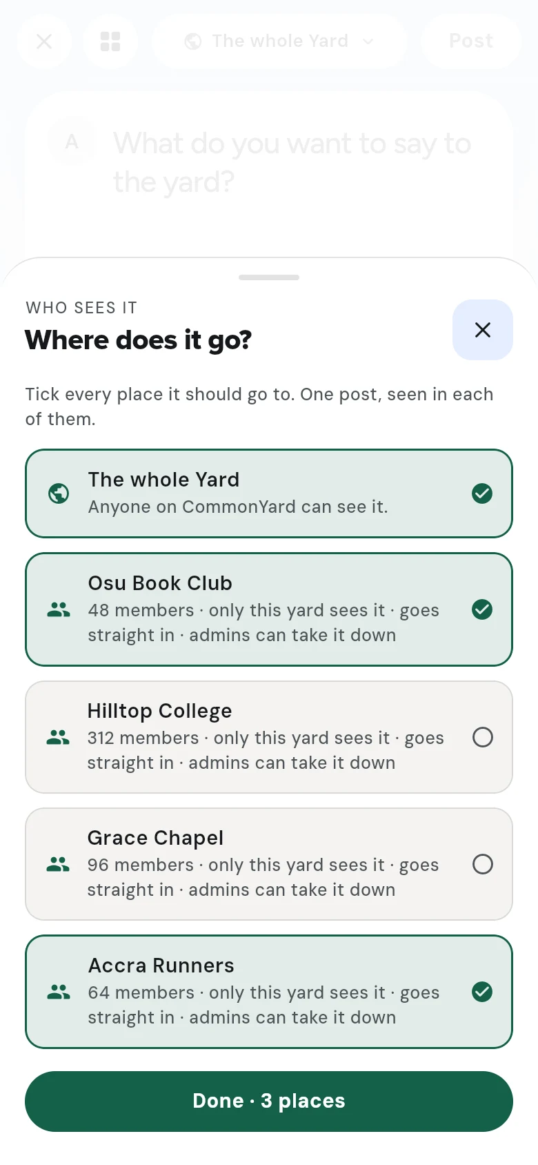 A sheet titled “Where does it go?” with The whole Yard and three yards, two of them ticked, and a Done button