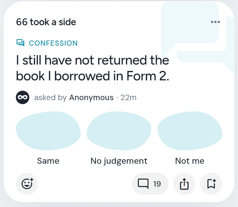 An anonymous confession: a mask instead of a photo, “Anonymous”, and the sides Same, No judgement and Not me