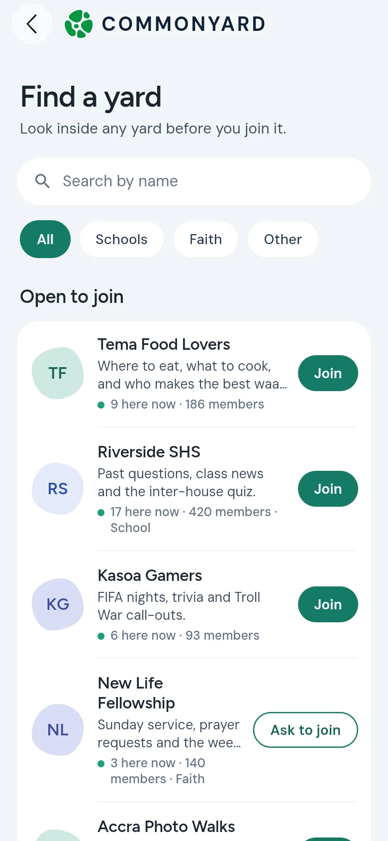 The Find a yard page: a search box, the kinds of yard, then open yards with their members and a Join button each
