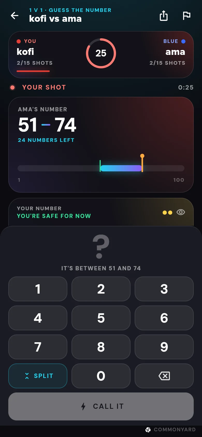 A Guess the Number duel: both players' shots used, the clock, the range left on their number, and the keypad for your next call