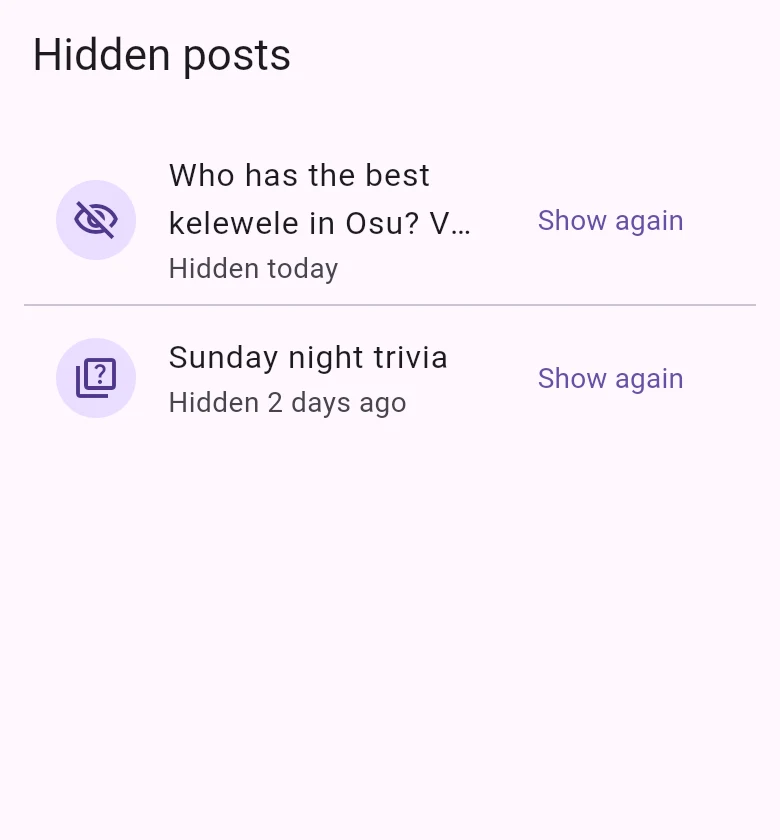 The Hidden posts page: two hidden posts with when each was hidden, and Show again beside each