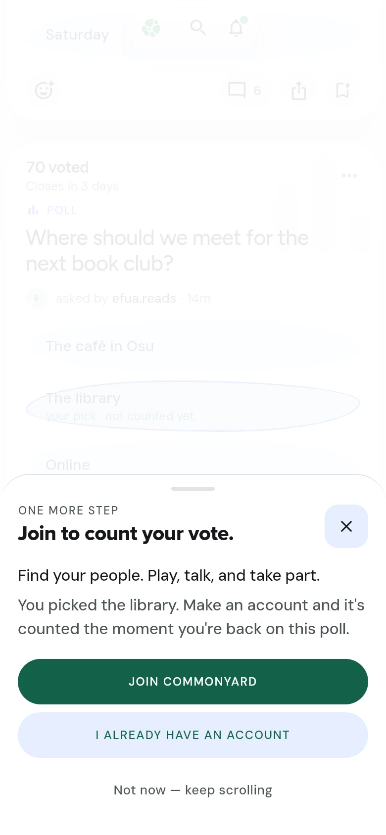A sheet over a poll that says “Join to count your vote”, with the buttons Join CommonYard and I already have an account