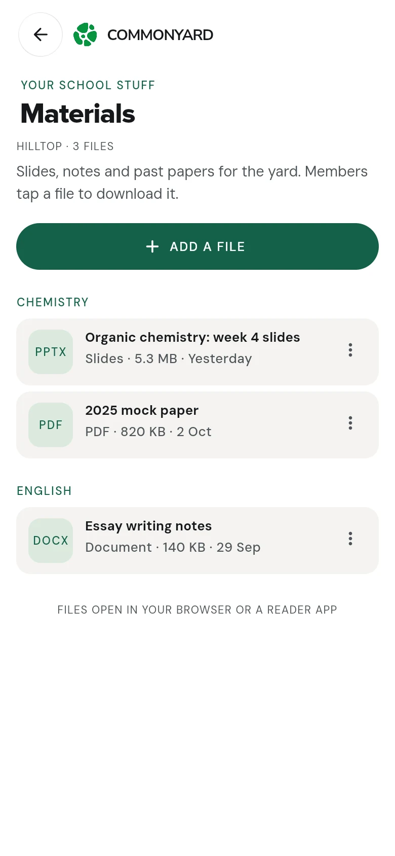 The Materials page as an admin sees it, with Add a file at the top and a menu beside each file