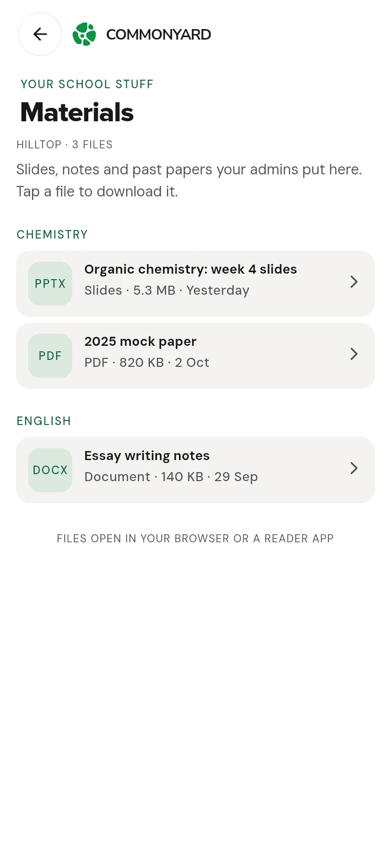 The Materials page of a school yard: three files grouped by course, each with its kind, size and date