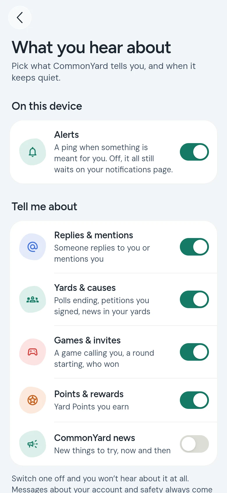 What you hear about: the Alerts switch, a switch for each kind of notification, and Quiet at night with its hours
