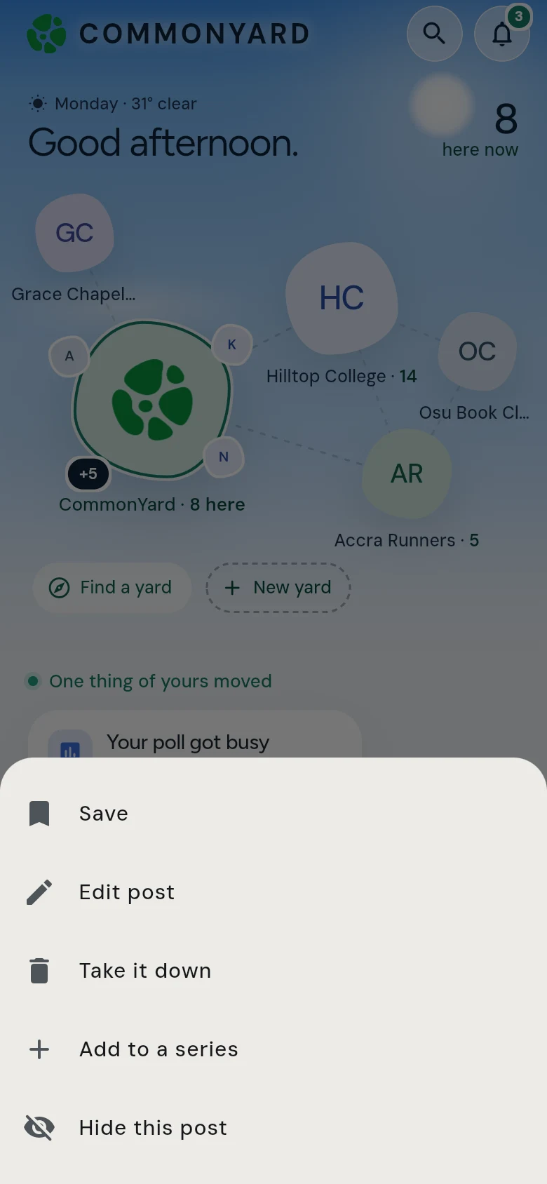The menu on your own post: Save, Edit post, Take it down, Add to a series and Hide this post