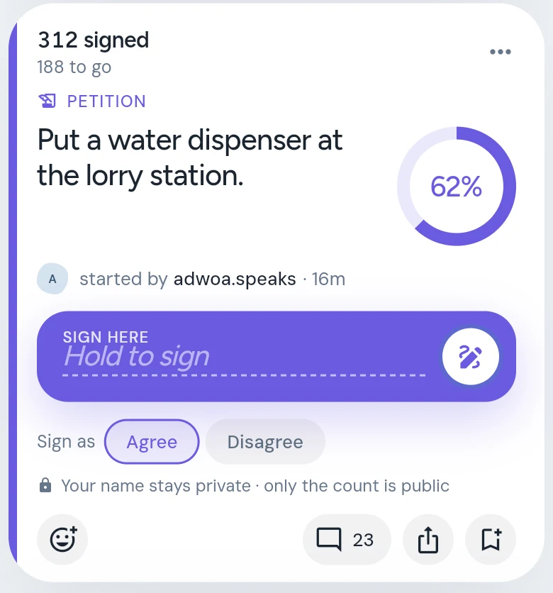 A petition card: 312 signed, 188 to go, a ring at 62% of the goal, the Sign here bar, and Sign as Agree or Disagree