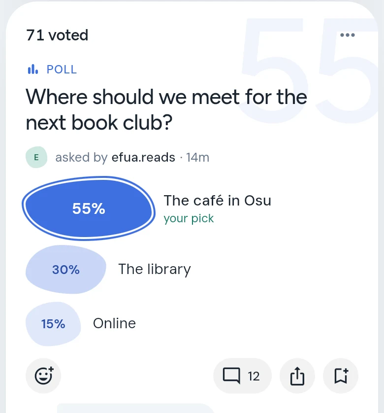 The same poll after voting: each choice shows its share of the votes, and your choice is marked