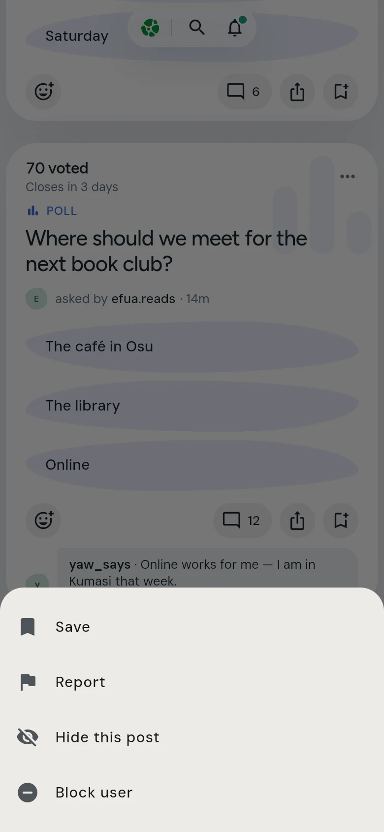 The menu on someone else’s post, with Save, Report, Hide this post and Block user