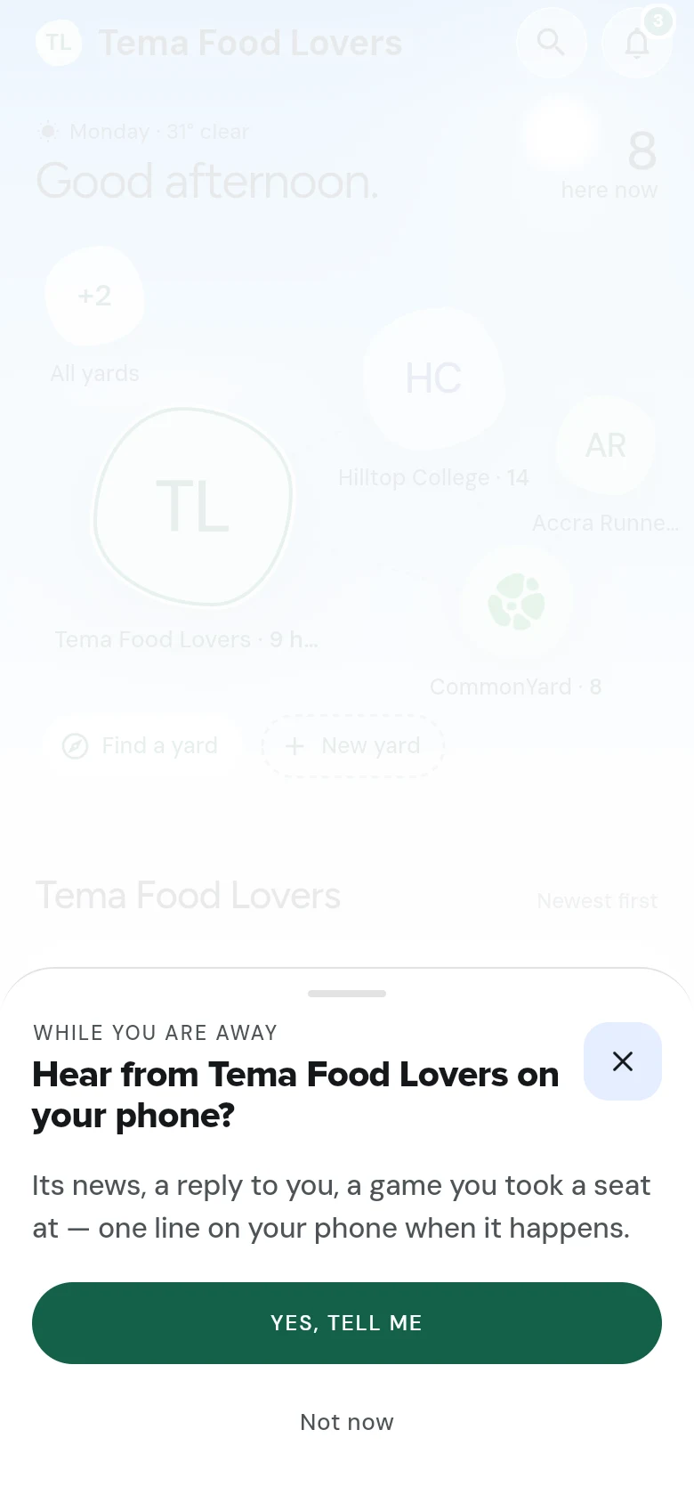 A sheet that asks whether Tema Food Lovers can reach you on your phone, with Yes, tell me and Not now