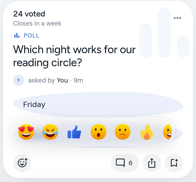 A row of emoji open over a poll: heart eyes, laughing, thumbs up, surprised, sad, fire and more