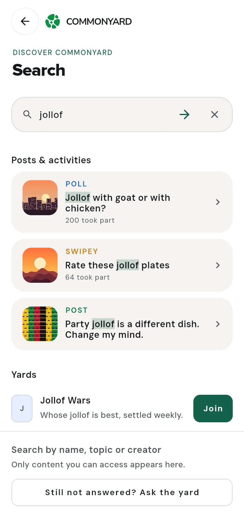 Search results for jollof: posts and polls with their pictures, and a yard to join