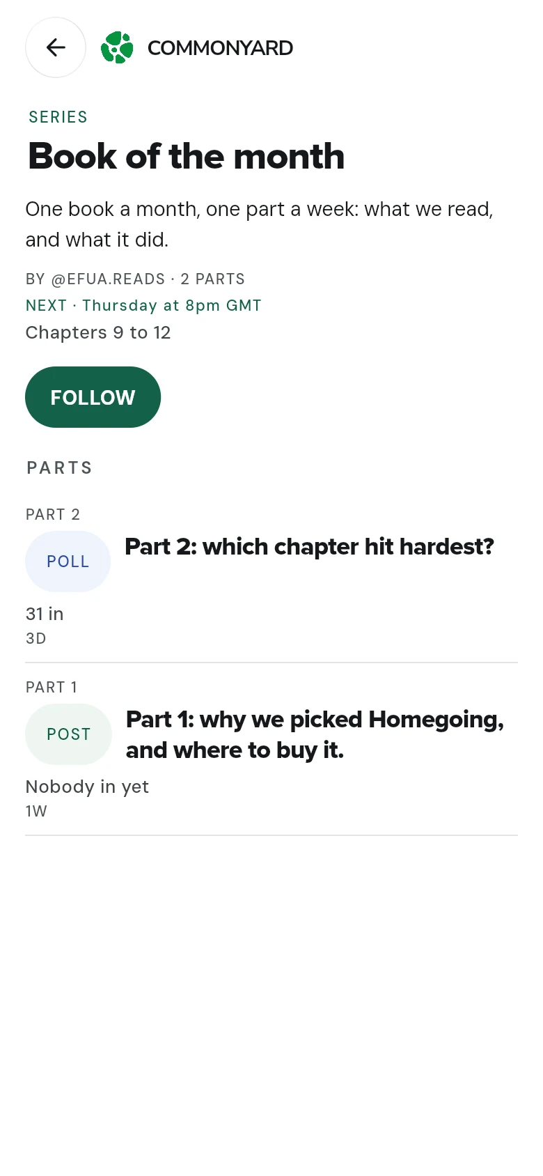 A series' page: its name and what it’s about, when the next part lands, the Follow button, and its parts in order