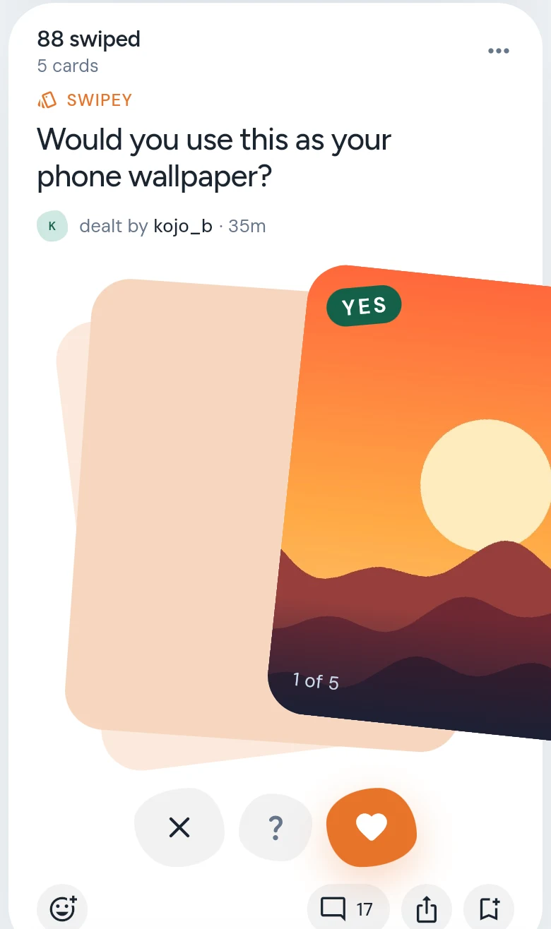 A picture being swiped to the right, leaning over as it goes, with YES showing on it