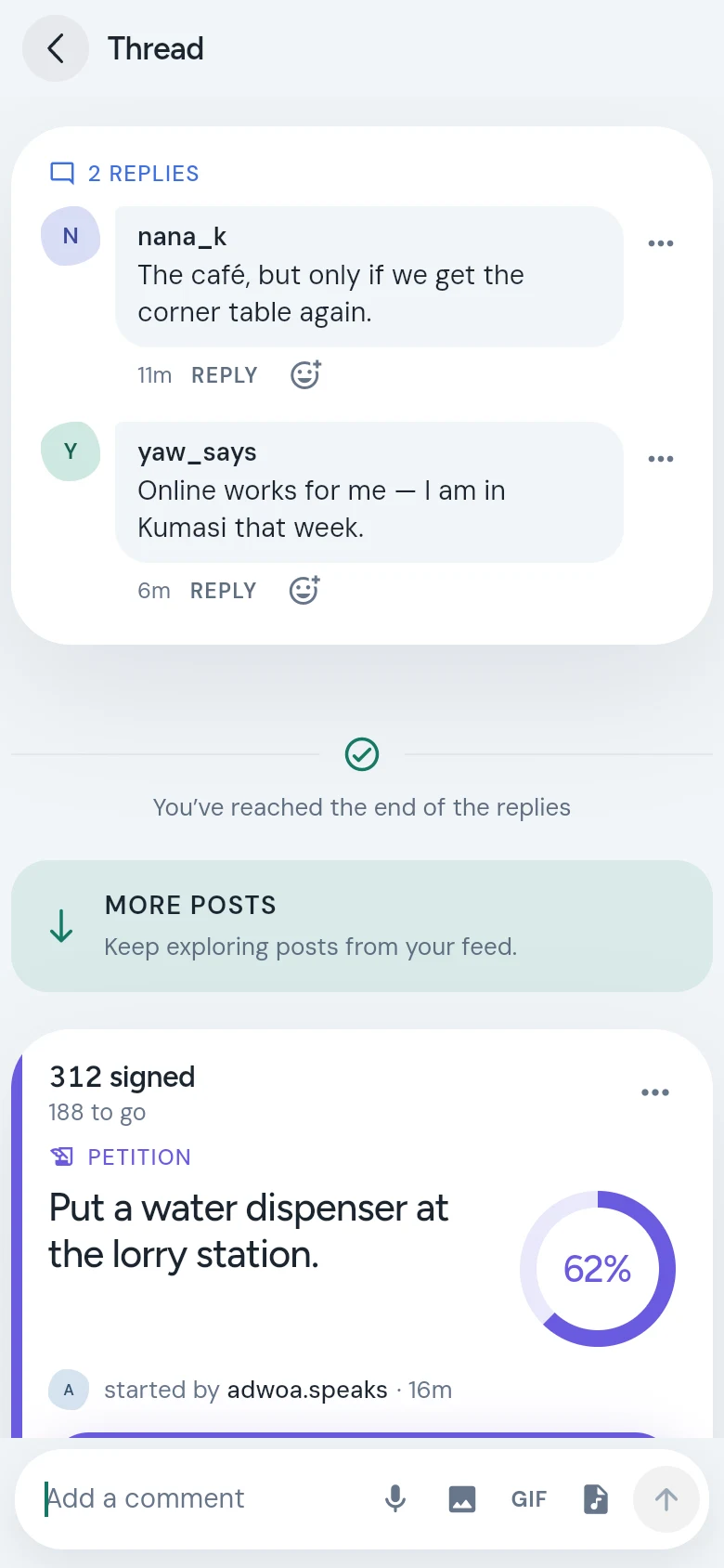 A post’s thread: the replies, a note that you’ve reached the end of them, then More posts, and the Add a comment box at the bottom