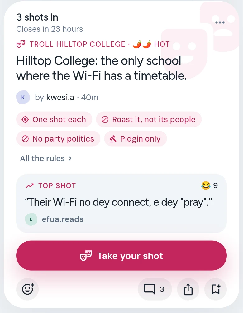 A troll post about a school: the rules on chips, the top shot so far with its laughs, and Take your shot