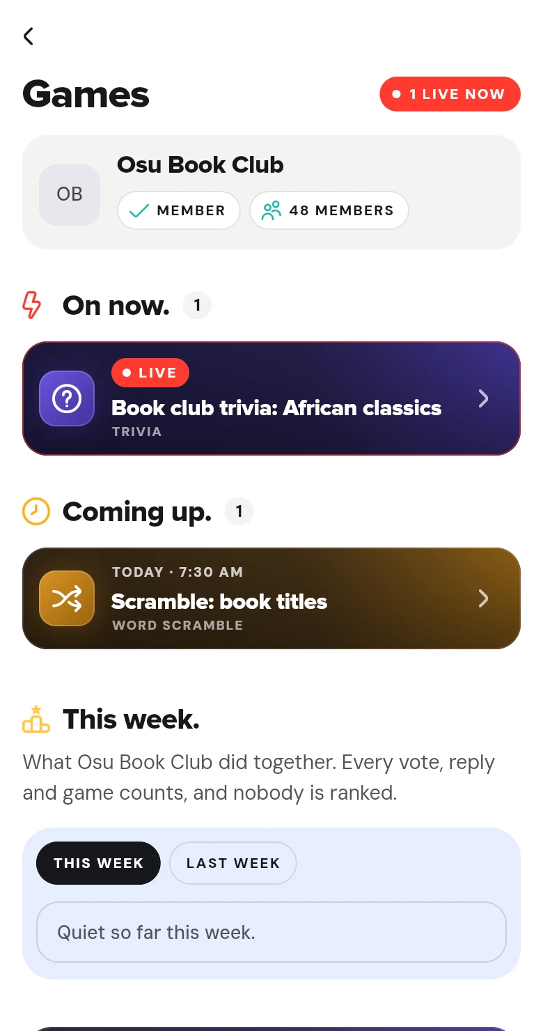 A yard’s games page: what’s on now and coming up, then This week, with This week and Last week to switch between