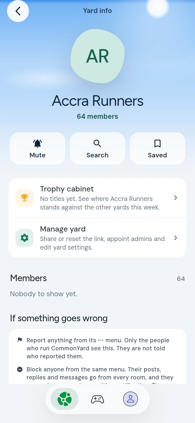 The info page of a yard you run, with the Manage yard row near the top