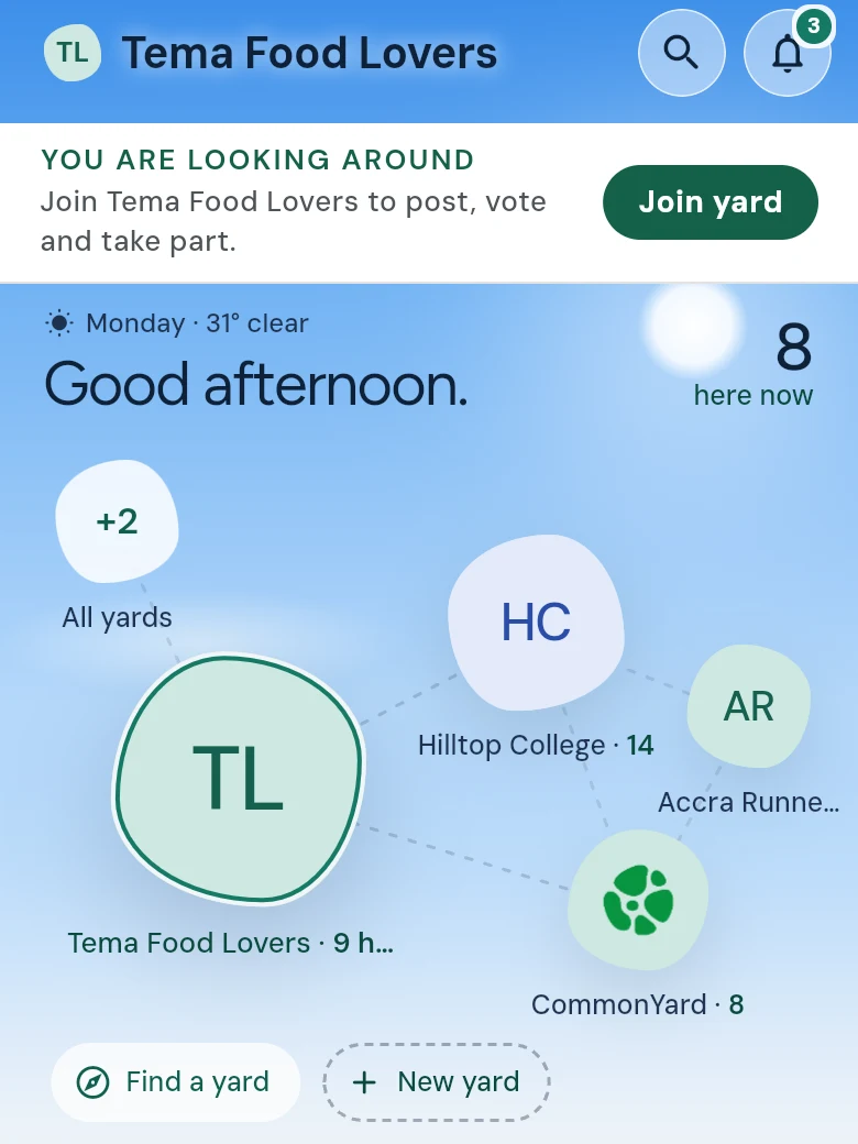 A yard you are not in yet: a banner saying you are looking around, with a Join yard button, above the yard’s posts
